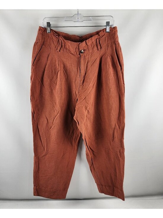 Madewell Pants - Madewell Pants Womens 12 Rust Linen-Blend Paperbag Pleated High Waist Pant